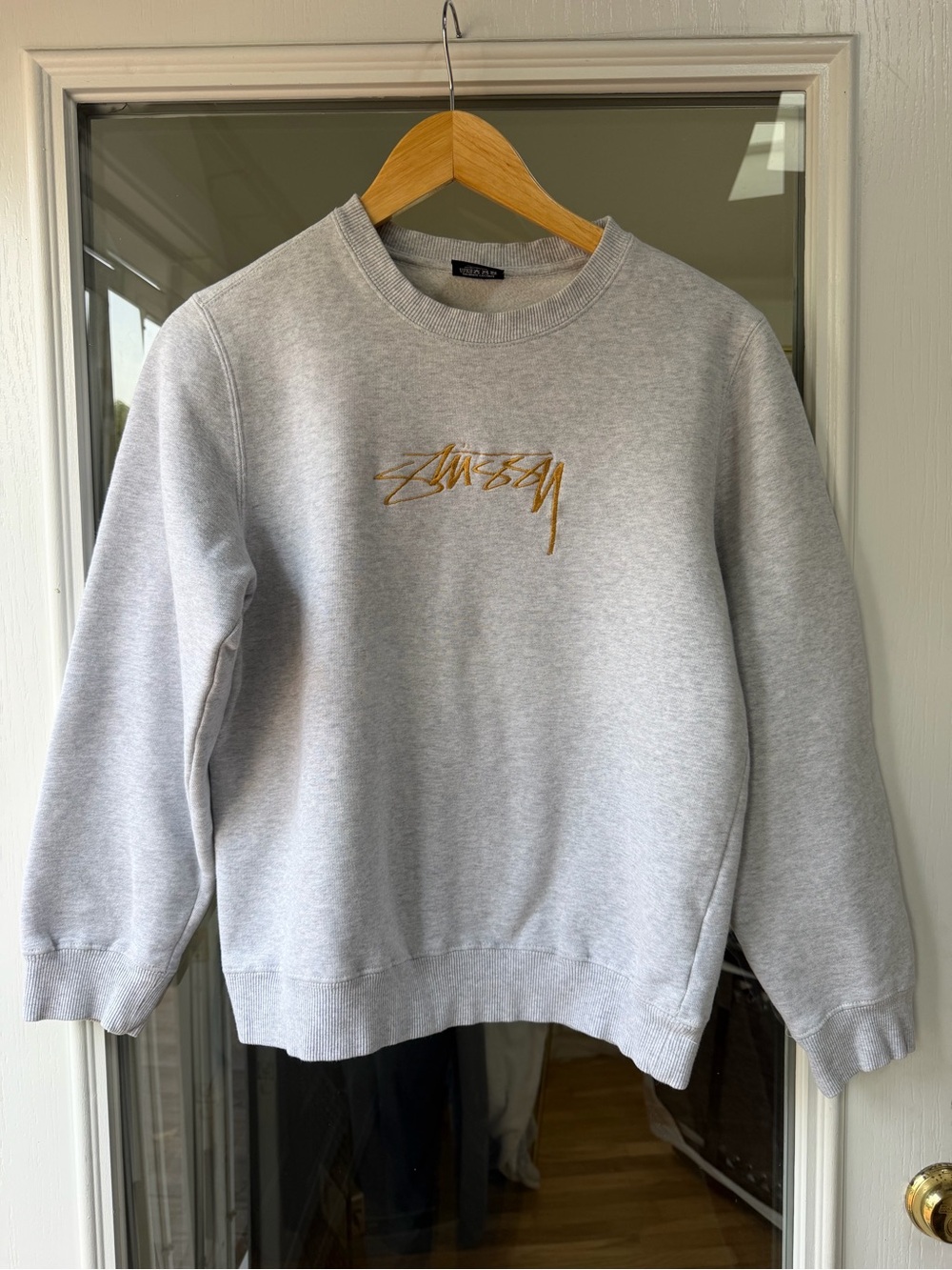 Rare Stussy Light Gray Crewneck Sweatshirt with Gold Script Logo
